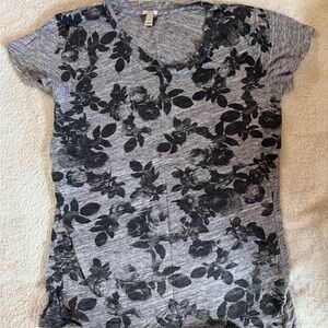 J. Crew Heather Gray Scoop Neck Tee with Black Floral Print